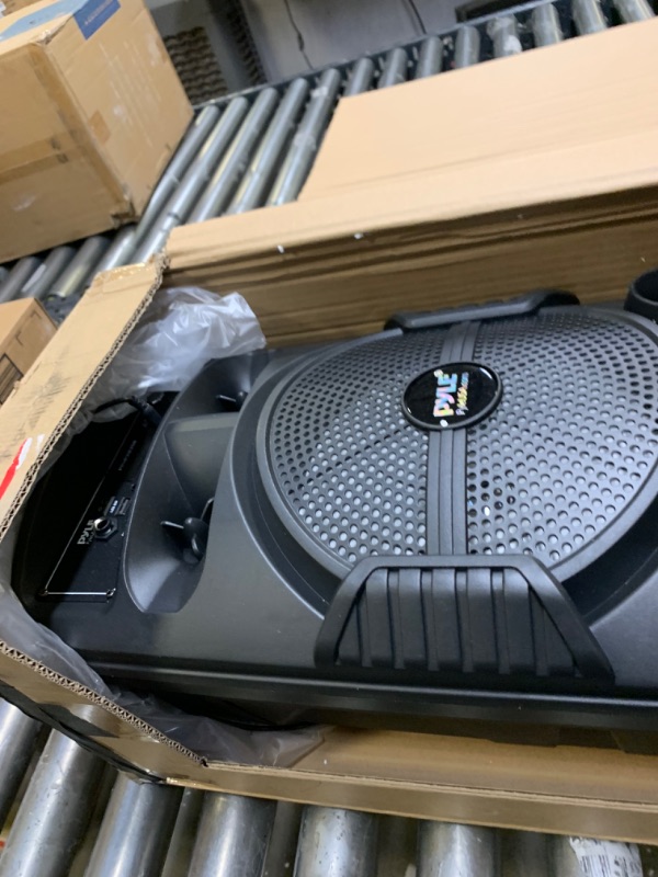 Photo 4 of Pyle Portable Bluetooth PA Speaker System - 600W Rechargeable Outdoor Bluetooth Speaker Portable PA System w/ Dual 8” Subwoofer 1” Tweeter, Microphone In, Party Lights, USB, Radio, Remote - PPHP2835B,  --- Box Packaging Damaged, Moderate Use, Missing Part