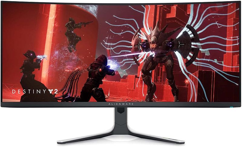 Photo 1 of Alienware 34 Inch Curved PC Gaming Monitor, 3440 x 1440p Resolution, Quantum Dot OLED 175Hz, 1800R Curvature, True 1ms GTG, 1,000,000:1 Contrast Ratio, 1.07 Billion Colors, AW3423DW - Lunar Light -- Box Packaging Damaged, Like New