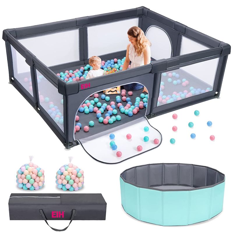 Photo 1 of EIH Large Baby Playpen with Ocean Ball Pit & 100PCS Balls Play Yard for Babies and Toddlers Indoor and Outdoor Kids Activity Center 79 Inch x 59 Inch, Dark Grey
