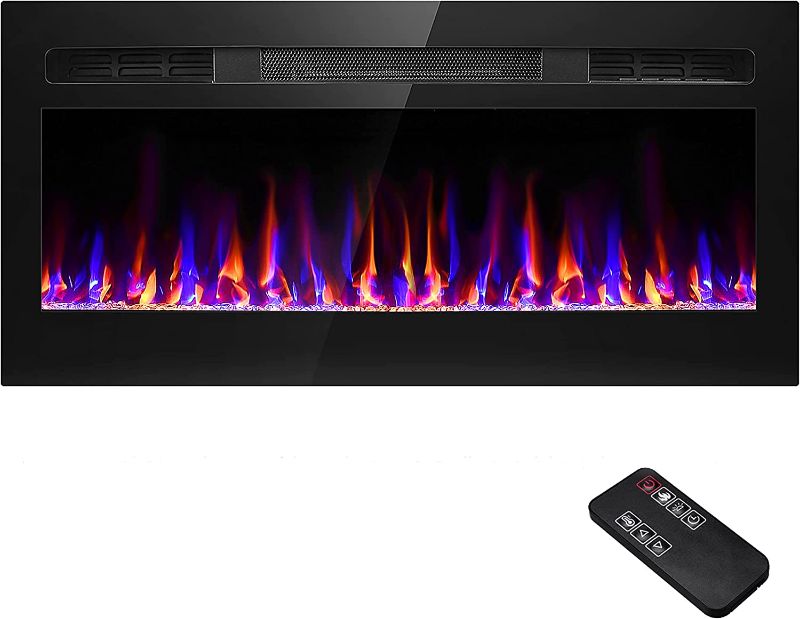 Photo 1 of Sixfivsevn 36 Inches Electric Fireplace, Wall Fireplace Inserts, Adjustable Flame Bed Colors with Remote Control, Recessed & Wall Mounted Fireplace Heater with Timer, 750/150W, Black
