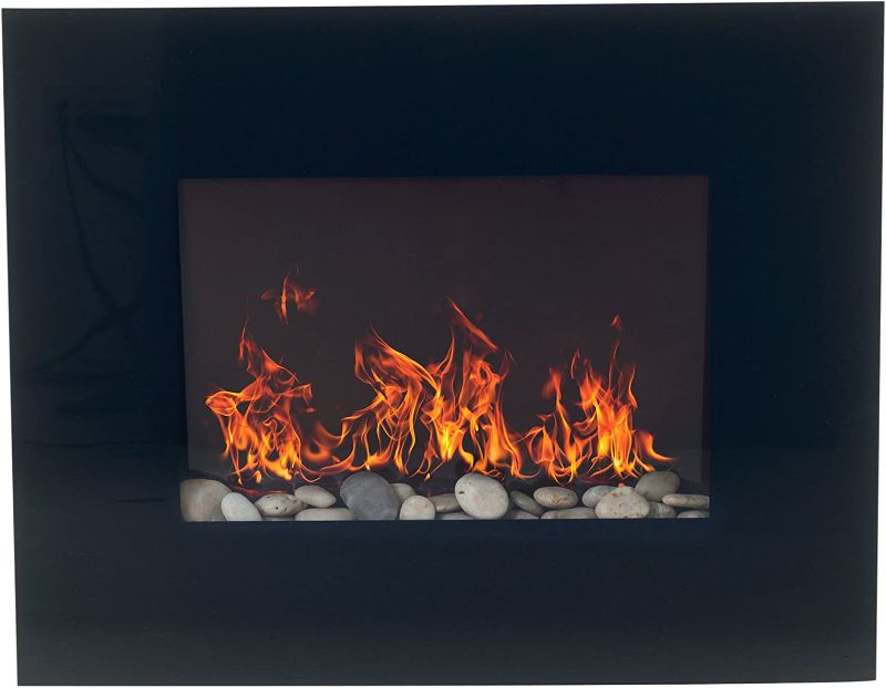 Photo 2 of 26-Inch Wall-Mounted Electric Fireplace – Indoor Glass Fireplace Heater with Pebble Fuel Effect – Adjustable Heat, Flames, and Brightness with Remote by Northwest (Black)
