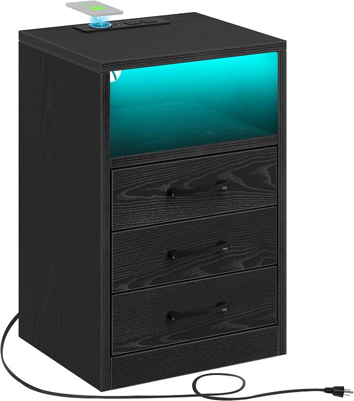 Photo 1 of Rolanstar Nightstand -Tool Free Quick Install, with Wireless Charging Station and LED Lights, Modern End Table with 3 Drawers, Side Table for Bedroom, Black
