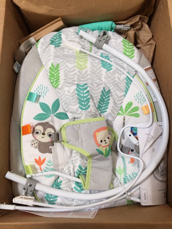 Photo 2 of Bright Starts Jungle Vines Comfy Baby Bouncer and Vibrating Infant Seat with Taggies & Elephant and Sloth Plush Baby Toys