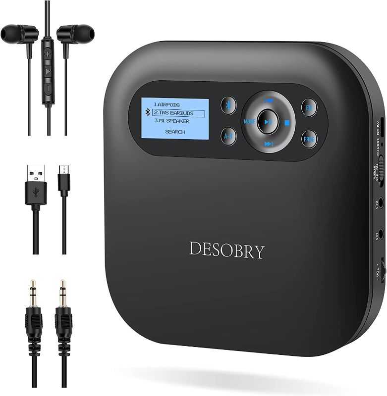 Photo 1 of CD Player Portable, DESOBRY Bluetooth CD Player with Speakers, Portable CD Player for Car and Home, 2000mAh Rechargeable CD Player with LCD Screen Bluetooth Visibility and Headphone