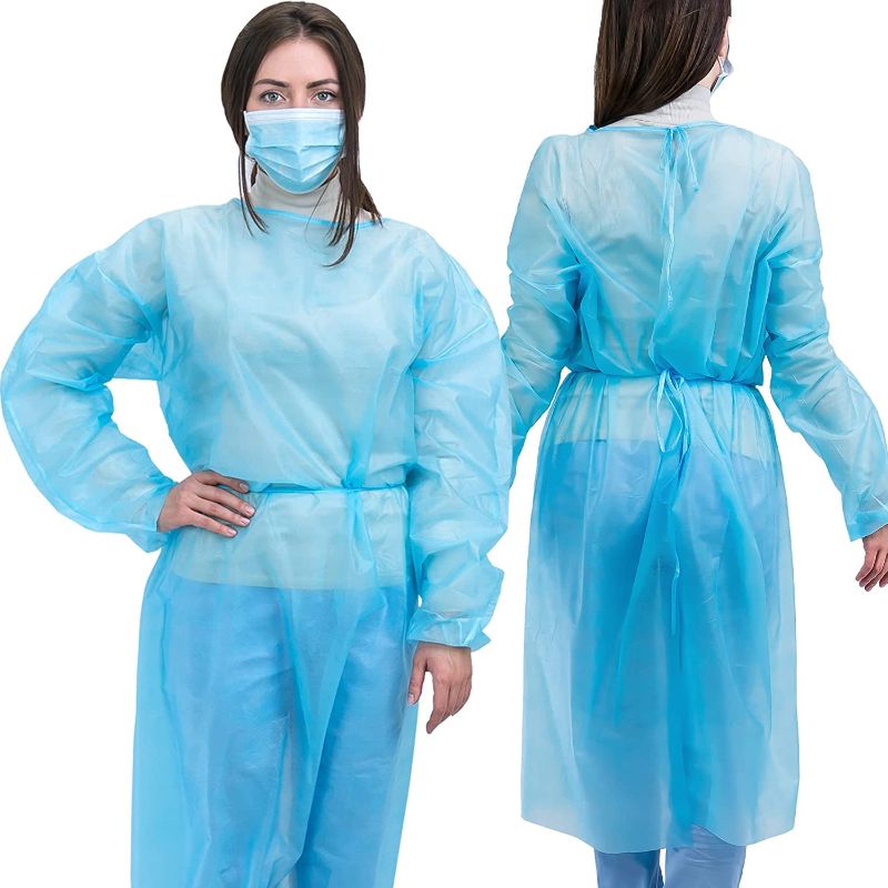 Photo 2 of [20 pack] Disposable Isolation Gown, FDA Registered, AAMI Level 1 PP & PE 30g, Fully Closed Double Tie Back, Elastic Cuffs, Fluid Resistant, Unisex (20), Blue
