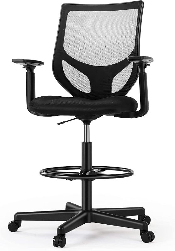 Photo 1 of Home Office Standing Desk Adjustable Foot Ring and Armrest, Mid Back Mesh Computer Executive Task Chair with Ergonomic Lumbar Support for Adult, Black