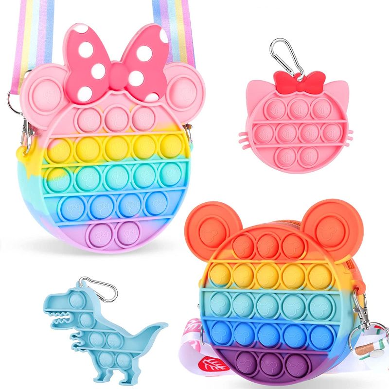 Photo 1 of  Fidget Toys Pack Pop Purse Crossbody Fidget Purse with Dinosaur Cat Mini Popper Keychain for Boys and Girls Silicone Mouse Shape Popper Shoulder Bag Gift for Kids 3 4 5 6 7 8 (Multi-Color Set) FACTORY SEALED / UNOPENED 
