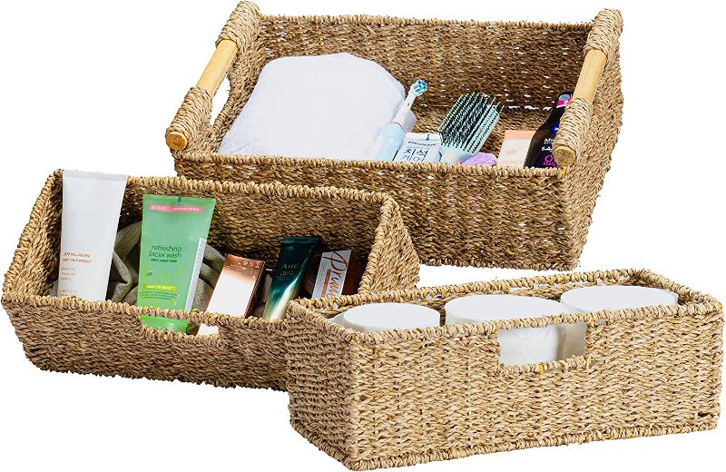 Photo 1 of 
Large Seagrass Storage Baskets for Organizing with Wooden Handles for Shelves, 2 Bathroom Small Basket, Seagrass Toilet Paper Baskets, Set of Natural Wicker Storage Basket for Home  (1 Large Basket) 16.5x11.0x5.5H inches, (2 small wicker baskets) 14.2x6.