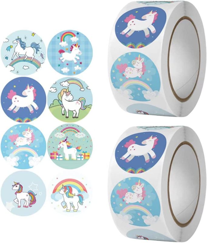 Photo 1 of 1000 Unicorn Stickers - 1" Round Rainbow Unicorns Sticker Rolls, 2 Rolls 500 Stickers Each Roll in Bulk, for Girls & Kids, Unicorn Themed Birthday Party Favors, Goodie Bags & Carnivals