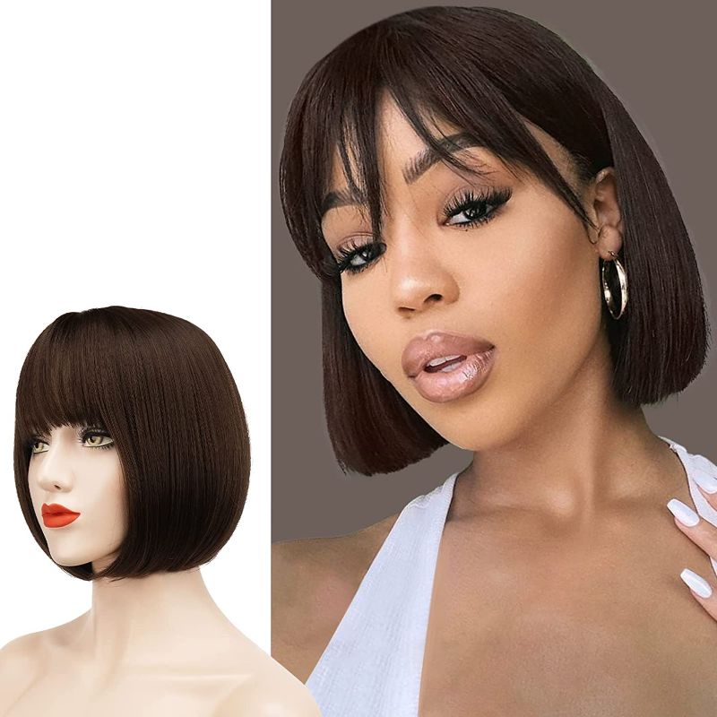 Photo 1 of  Short Straight Bob Wigs with Bangs 11 inch Synthetic Daily Party Cosplay Hair Wig for Black Women, Brown
