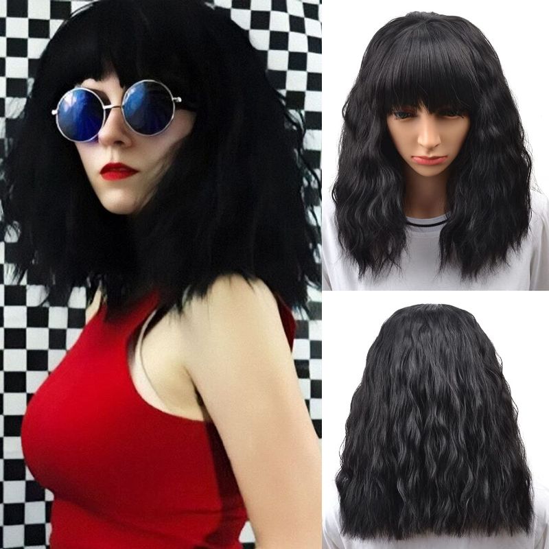 Photo 1 of BERON Short Wavy Black Wig with Bangs Womens Curly Bob Hair Wigs Heat Resistant Synthetic Wig Daily Party Cosplay Use
