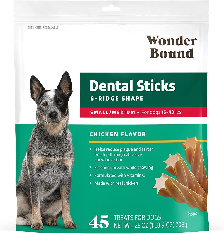 Photo 1 of Amazon Brand - Wonder Bound Chicken Flavor Dental Sticks, Sm/Med, 45 Count 25oz -- FACTORY SEALED 

