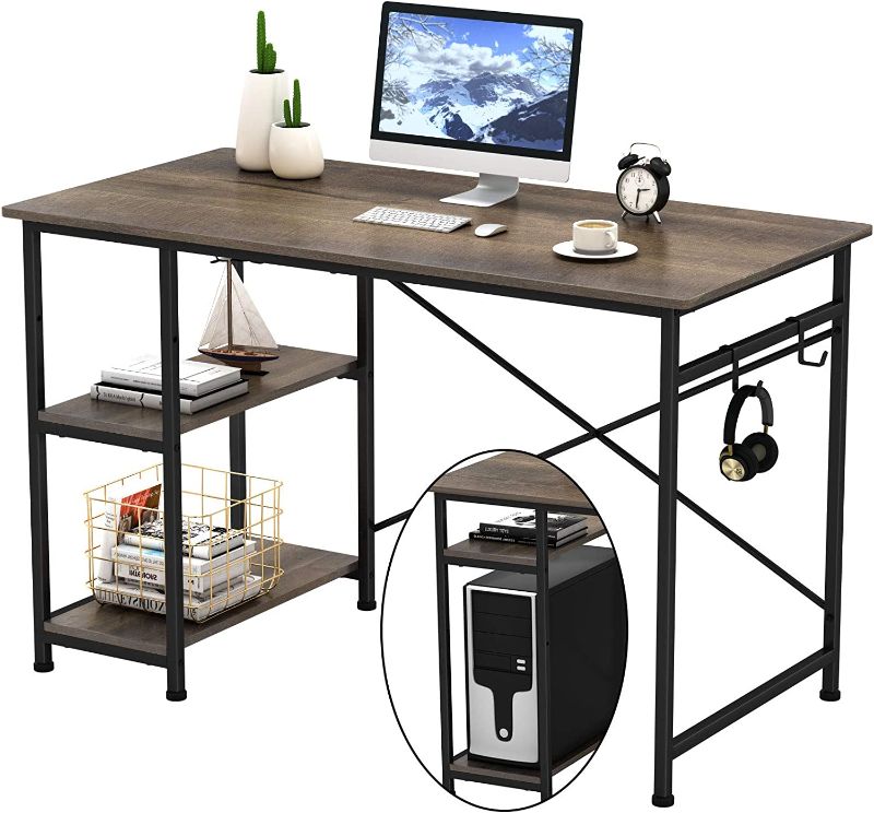 Photo 1 of Engriy Writing Computer Desk 47", Home Office Study Desk with 2 Hooks and Storage Shelves on Left or Right Side, Industrial Simple Workstation Wood Table Metal Frame for PC Laptop, Black Oak
