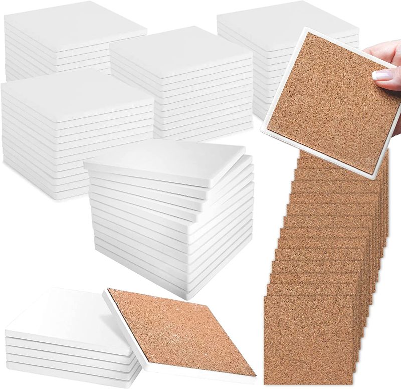 Photo 1 of 100 Pack Ceramic Tiles for Crafts Coasters, Ceramic White Tiles Unglazed 4x4 with Cork Backing Pads, Use with Alcohol Ink or Acrylic Pouring, DIY Make Your Own Coasters, Mosaics, Painting Projects
