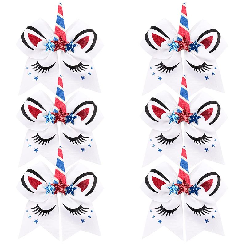 Photo 1 of 4th of July Cheer Bows American USA Patriotism Team Bows 6Pcs Patriotic Flag Cheerleader Hair Bows with Elastic Ponytail Holder for Competition Independence Day Girls Teens Kids (USA Unicorn Cheer Bows)
