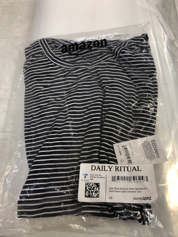 Photo 2 of Daily Ritual Women's Jersey Standard-Fit Short-Sleeve Open Crewneck Tunic Sustainably Sourced Rayon Blend Navy/White, Stripe SIZE X-Small