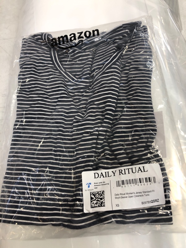 Photo 2 of Daily Ritual Women's Jersey Standard-Fit Short-Sleeve Open Crewneck Tunic Sustainably Sourced Rayon Blend Navy/White, Stripe SIZE X-Small