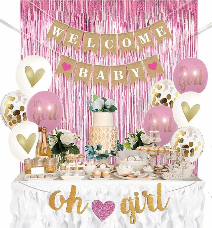 Photo 1 of  AMABELLA Pink Baby Shower, Rustic Welcome Baby Banner in Burlap, 2 - Pink Metallic Curtains, Gold, Pink and White Gender Reveal Baby Shower Decor Kit, Gold and White Balloons
