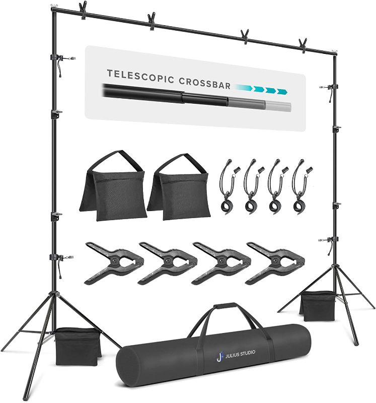 Photo 2 of Julius Studio 10.1 ft. Wide Extra Crossbar Length Adjustable Backdrop Stand, 7.5 ft. Tall Extra Height (Max 122 x 92 inch) Photo Background Support System with Clamps, Elastic String Clip, JSAG283 Single