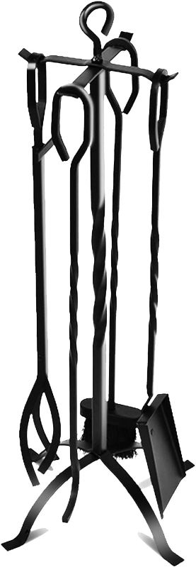 Photo 1 of 5-Piece Fireplace Tools Set 31’’, Heavy Duty Wrought Iron Fire Place Toolset with Poker, Shovel, Tongs, Brush, Stand for Outdoor Indoor Chimney, Hearth, Stove, Firepit-Easy to Assemble, Black
