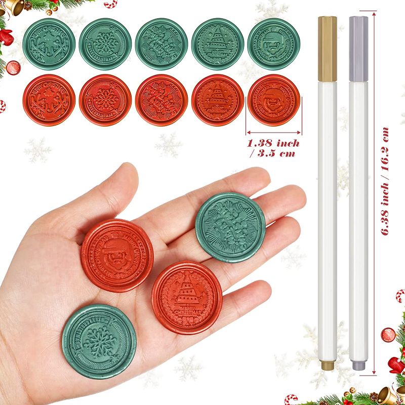 Photo 1 of 200 Pieces Christmas Wax Seal Stickers Adhesive Envelope Seal Stickers Santa Elk Tree Snowflake Wax Seal Sticker Christmas Adhesive Wax Seals with 2 Pens for Christmas Card Box Envelope (Round Style)
