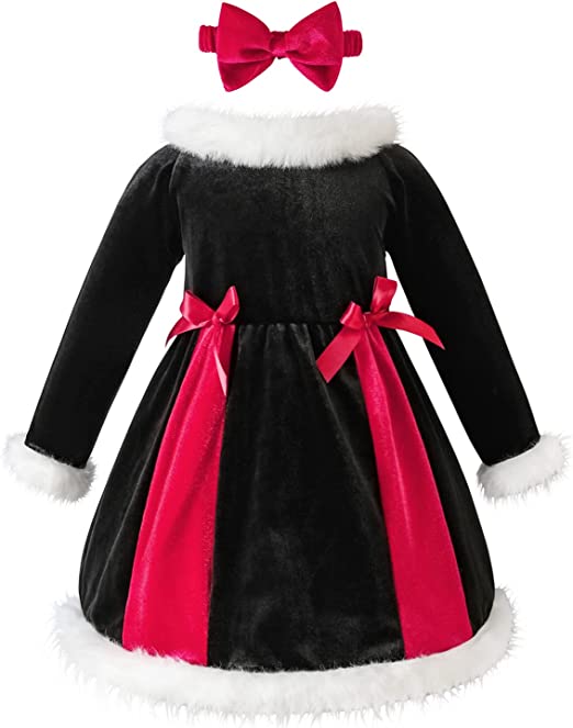 Photo 1 of 18/24m---AIKEIDY Toddler Baby Girl Christmas Dress Long Sleeve Velvet Dress for Holiday Wedding Party
