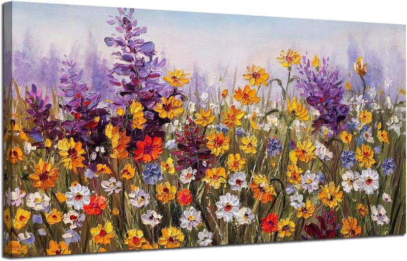 Photo 1 of Ardemy Flowers Wall Art Canvas Daisy Colorful Bloosom Artwork Modern Landscape Painting, Purple Yellow Floral Picture Large Size Framed for Living Room Bedroom Bathroom Office Home Decor, 40"x20"
