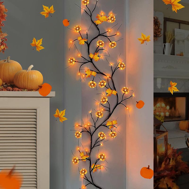 Photo 1 of 6 Feet 45 LED Willow Vine Twig Fall Decorations with Timer 10 Pumpkin Orange Lights and 5 Fake Maple Leaves, Fall Garland Decor for Thanksgiving Halloween Pumpkin Harvest Home Indoor Decorations
