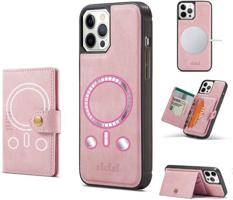 Photo 1 of ZICISI Magsafe Leather Case for Apple iPhone 12 pro max with Card Holders for Women Men,Protective Phone Cover with Detachable Magnetic Wallet,Compatible MagSafe Accessories,6.7 inches (Pink)
