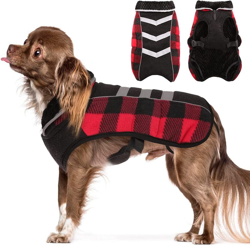 Photo 1 of Bonaweite Ultra-Warm Cold Weather Dog Coat, British Style Plaid Winter Coat Dog Vest Sweater Apparel for Cold Weathers, Dog Fleece Jacket Lightweight Puppy Walk Clothes for Small Medium Large Dogs  SIZE XL 