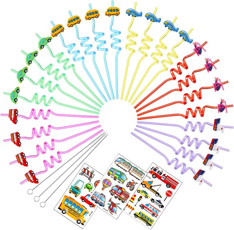 Photo 1 of 30 Pcs Transportation Birthday Party Supplies, 24 Pcs Transportation Drinking Straws, 3 Pcs Sheets Cars Trucks Tattoos Stickers with 3 Pcs Cleaning Brushes for Kids Birthday Party Favors  -- FACTORY SEALED --