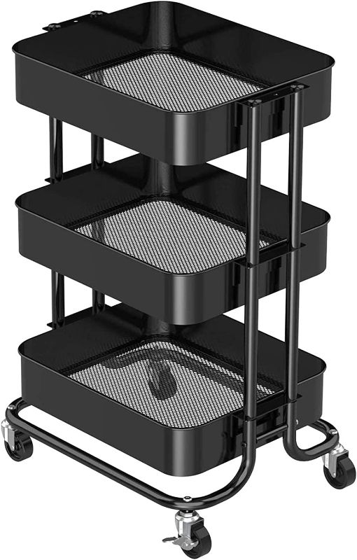 Photo 1 of Pipishell 3-Tier Metal Rolling Utility Cart, Heavy-Duty Storage Cart with 2 Lockable Wheels, Multifunctional Mesh Organization Cart for Kitchen Dining Room Living Room (Black)
