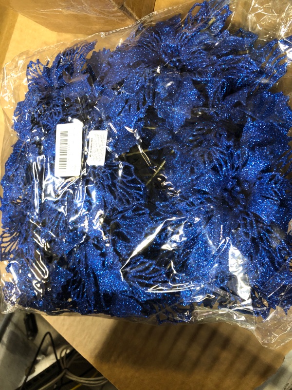 Photo 2 of 24 Pcs Christmas Blue Glittered Mesh Holly Leaf Artificial Poinsettia Flowers Picks Tree Ornaments 5.9" W for Blue Christmas Tree Wreath Garland Floral Gift Wedding Holiday Winter Decoration
