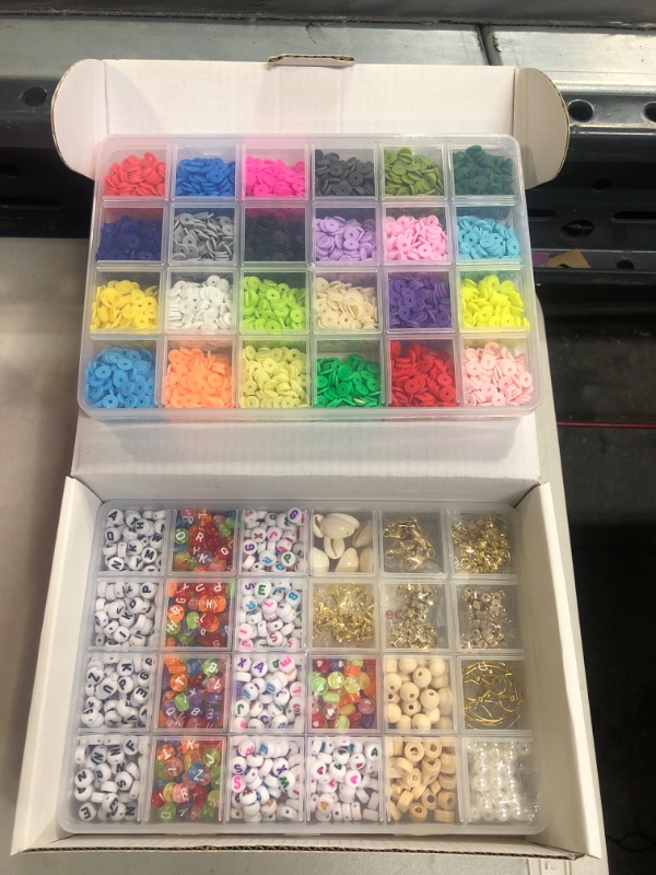 Photo 2 of Bracelet Making Kit Clay Beads 2 Boxes Suwiaolk 24 Colors 7200Pcs Polymer Clay Beads for Jewelry Making with Letter Beads, Elastic Strings, DIY Crafts for Girls Gift