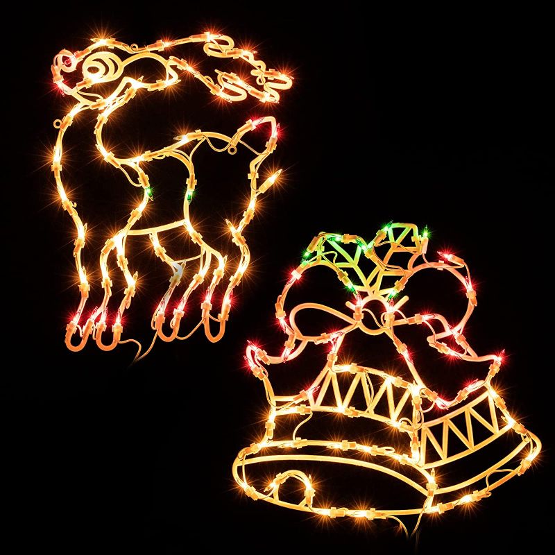 Photo 1 of 16 Inch Christmas Window Silhouette Lights Decorations Pack of 2 Lighted Bells and Reindeer Christmas Window Lights with 100 Bulbs for Holiday Indoor Wall Door Glass Decorations

