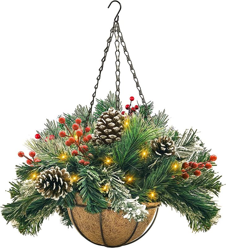 Photo 1 of Artificial Christmas Hanging Basket, Decorated with Frosted Pine Cones, Berry Clusters, 30 LED String Lights, Front Porch Christmas Outdoor Decorations for Garden Patio Lawn
