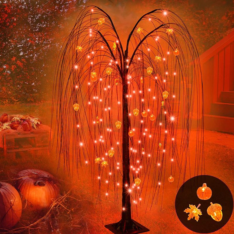 Photo 1 of 4Ft 144 LED Prelit Fall Decorations Orange Tree with Maple Pumpkin Acorn Ornaments Lighted Artificial Willow Tree Autumn Halloween Thanksgiving Decorations Home Indoor Outdoor
