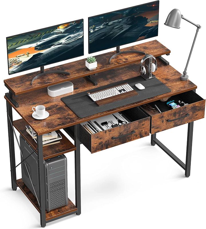 Photo 1 of ODK Computer Desk 39" Table: Office Desk with Drawers & Wood Storage Shelves, Home Work Writing Desk & Large Space Monitor Stand,Brown
