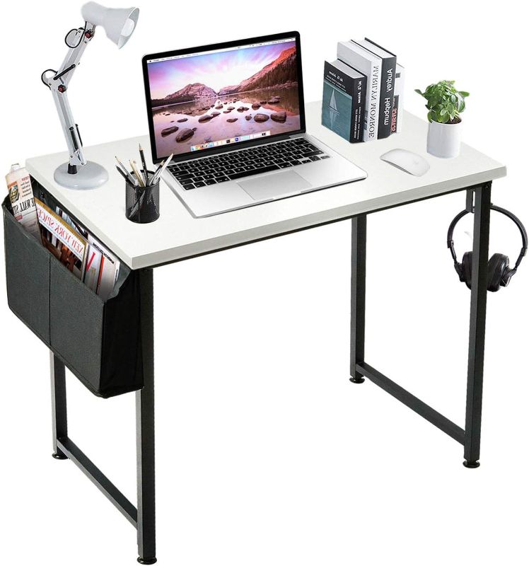 Photo 1 of Lufeiya Small Computer Desk White Writing Table for Home Office Small Spaces 31 Inch Modern Student Study Laptop PC Writing Desks with Storage Bag Headphone Hook,White Black

