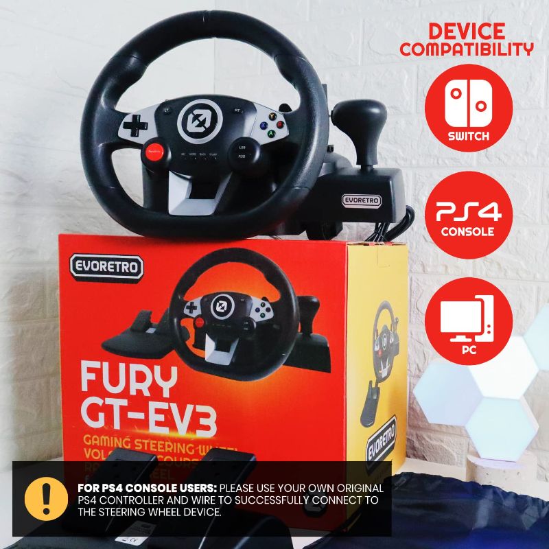 Photo 2 of FURY GT-EV3 Gaming Steering Wheel and Pedals Compatible for Nintendo Switch Games, PC, PS4 - Racing Wheel for Mario Kart 8 Featuring High Vibration Feedback, Adjustable Clamp, and Storage Bag
