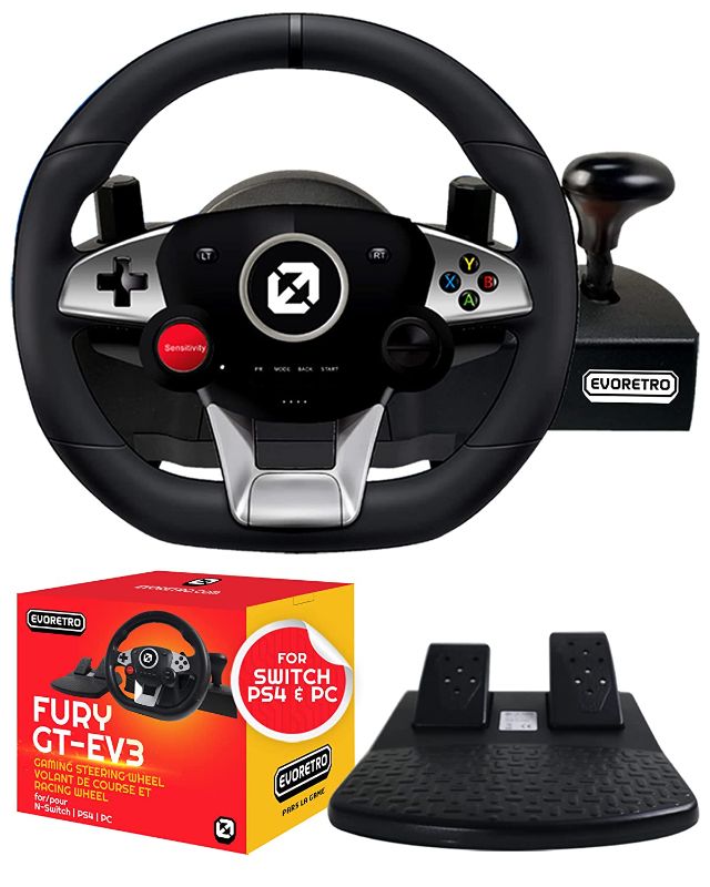 Photo 1 of FURY GT-EV3 Gaming Steering Wheel and Pedals Compatible for Nintendo Switch Games, PC, PS4 - Racing Wheel for Mario Kart 8 Featuring High Vibration Feedback, Adjustable Clamp, and Storage Bag
