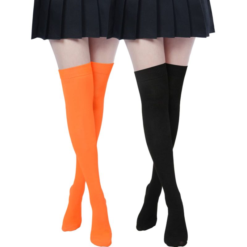 Photo 1 of UXQEJO Thigh High Socks for Women Long Knee High Socks Knit Boot Stockings Christmas Costume Cosplay Tights Plus Size 3- Orange Black 2 Pairs