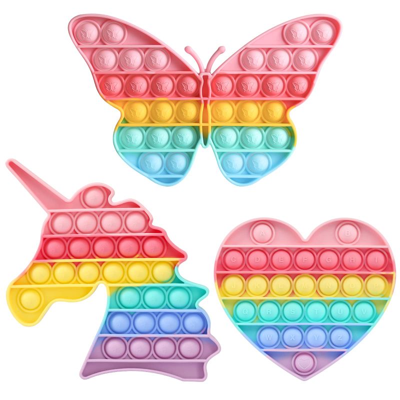 Photo 1 of HiUnicorn Pop Butterfly Girls Toys - 3 Pack Easter Basket Stuffers Fidget Gifts for Kids, Unicorn Push Bubbles Popping Pink Rainbow Sensory Heart Alphabet Letters Learning Classroom Game Toy Macaron 3