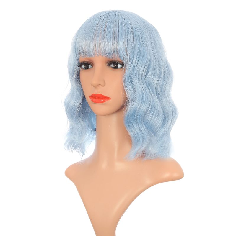 Photo 1 of BKTD Wavy Blue Wigs With Bangs For Women, Pastel Curly Bob Colorful Short Blue Wig, Shoulder Length Synthetic Loose Wave Colored Wig For Girls Party Costume Cosplay Daily Use (14" Blue)