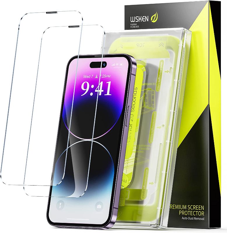 Photo 1 of WSKEN for iPhone 14 Pro Screen Protector (6.1 inch),[Auto-Dust Removal] Full Coverage Screen 2.5D Edge 10s HD Tempered Glass Film with Dust Clean Installing House 2022 5G - 2 Pack -