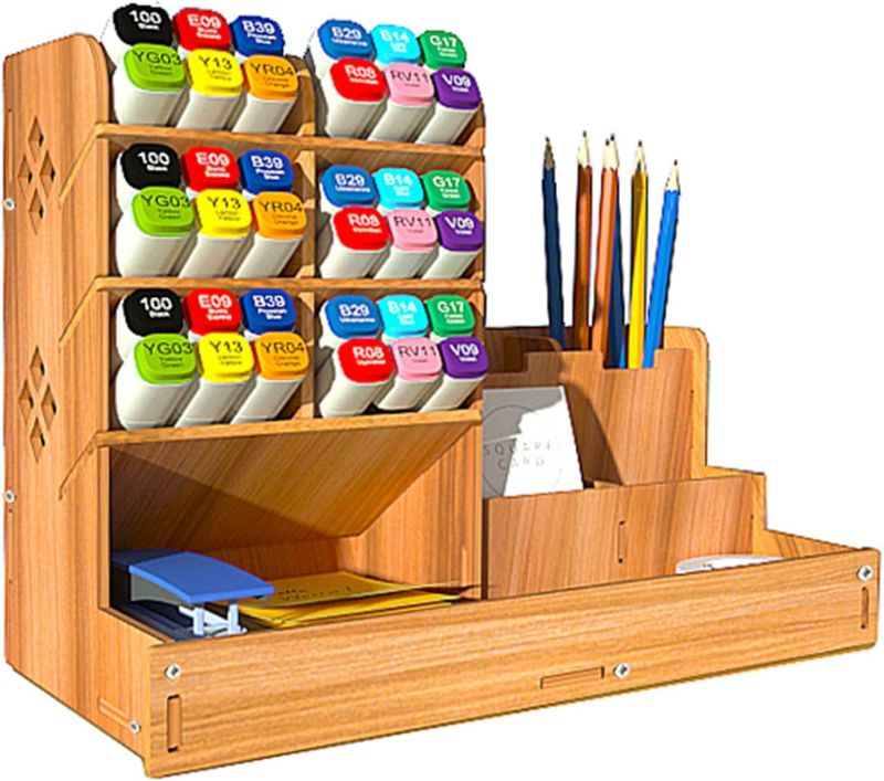 Photo 1 of Slanting Insert Pen Organizer , DIY Wooden Desk Organizer Multi-Functional Pencil Pen Holder Box Desktop Stationery Sticky Note Paperclip Marker Crayon Storage Caddy Tray for Office, School, Home