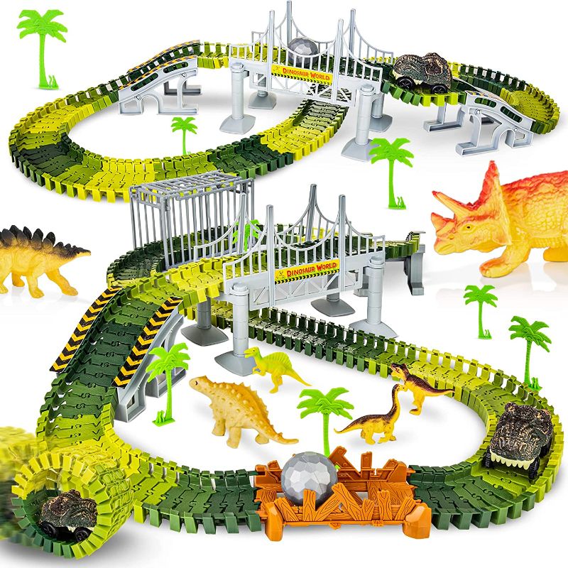 Photo 1 of Batlofty Dinosaur Toys Race Track, Flexible Track Playset, Create A Dinosaur World Road Race with 1 Dinosaur Car and 6 Dinosaur Toys