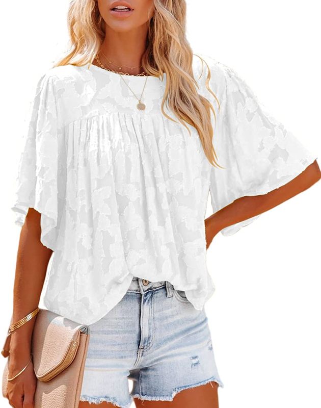 Photo 1 of evnanic Women's Short Sleeve Shirts Round Neck Lace Tunic Tops Soft Ruffle Pleated Chiffon Blouses Work Office Tops - XL -