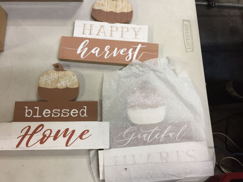 Photo 1 of 3 Pcs Fall Decorations for Home Blessed Grateful Thankful Sign Fall Decor Thanksgiving Decorations Wooden Pumpkin Tabletop Signs for Home Thanksgiving Farmhouse Living Room Harvest White