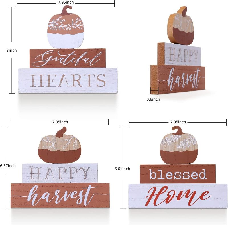 Photo 2 of 3 Pcs Fall Decorations for Home Blessed Grateful Thankful Sign Fall Decor Thanksgiving Decorations Wooden Pumpkin Tabletop Signs for Home Thanksgiving Farmhouse Living Room Harvest White